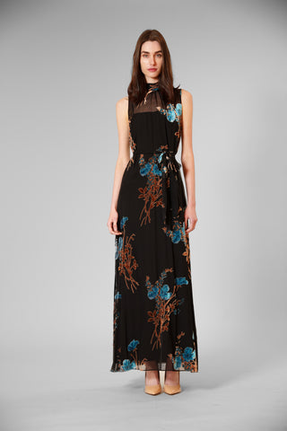 TIE NECK VELVET PRINT/ OVERLAY DRESS