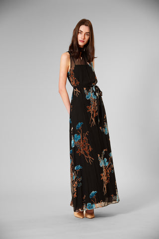 TIE NECK VELVET PRINT/ OVERLAY DRESS