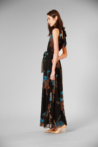 TIE NECK VELVET PRINT/ OVERLAY DRESS