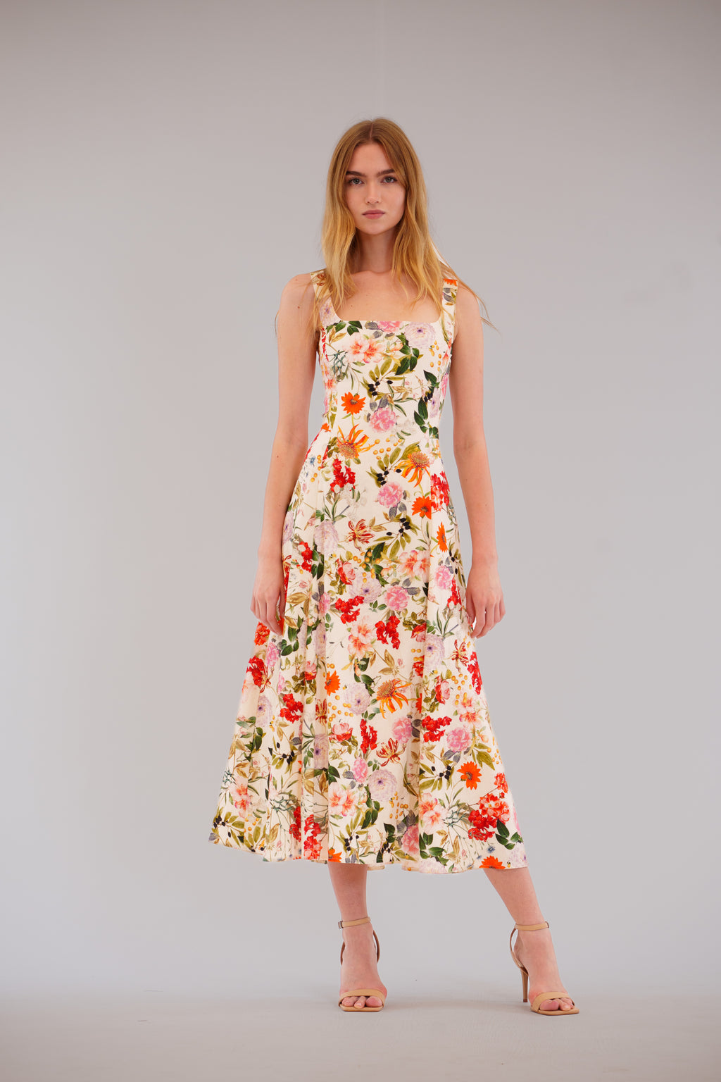 SLVLESS FLORAL MIDI DRESS W/ SQUARE NECK – JULIA JORDAN