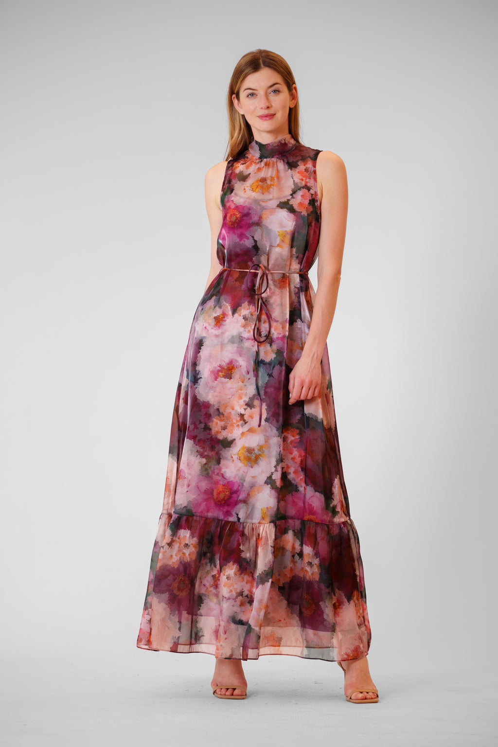 TIE NECK PRINTED ORGANZA OVERLAY DRESS W TIE – JULIA JORDAN
