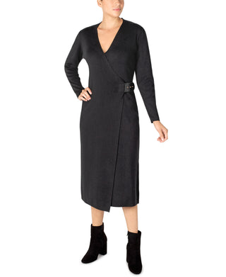 DONNA RICCO - LONG SLEEVE CROSS OVER MIDI SWEATER DRESS