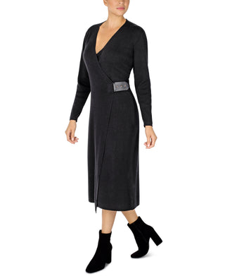 DONNA RICCO - LONG SLEEVE CROSS OVER MIDI SWEATER DRESS