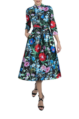 3/4 SLEEVE PRINTED SCUBA DRSS W/ PRINTED MIKADO SKIRT