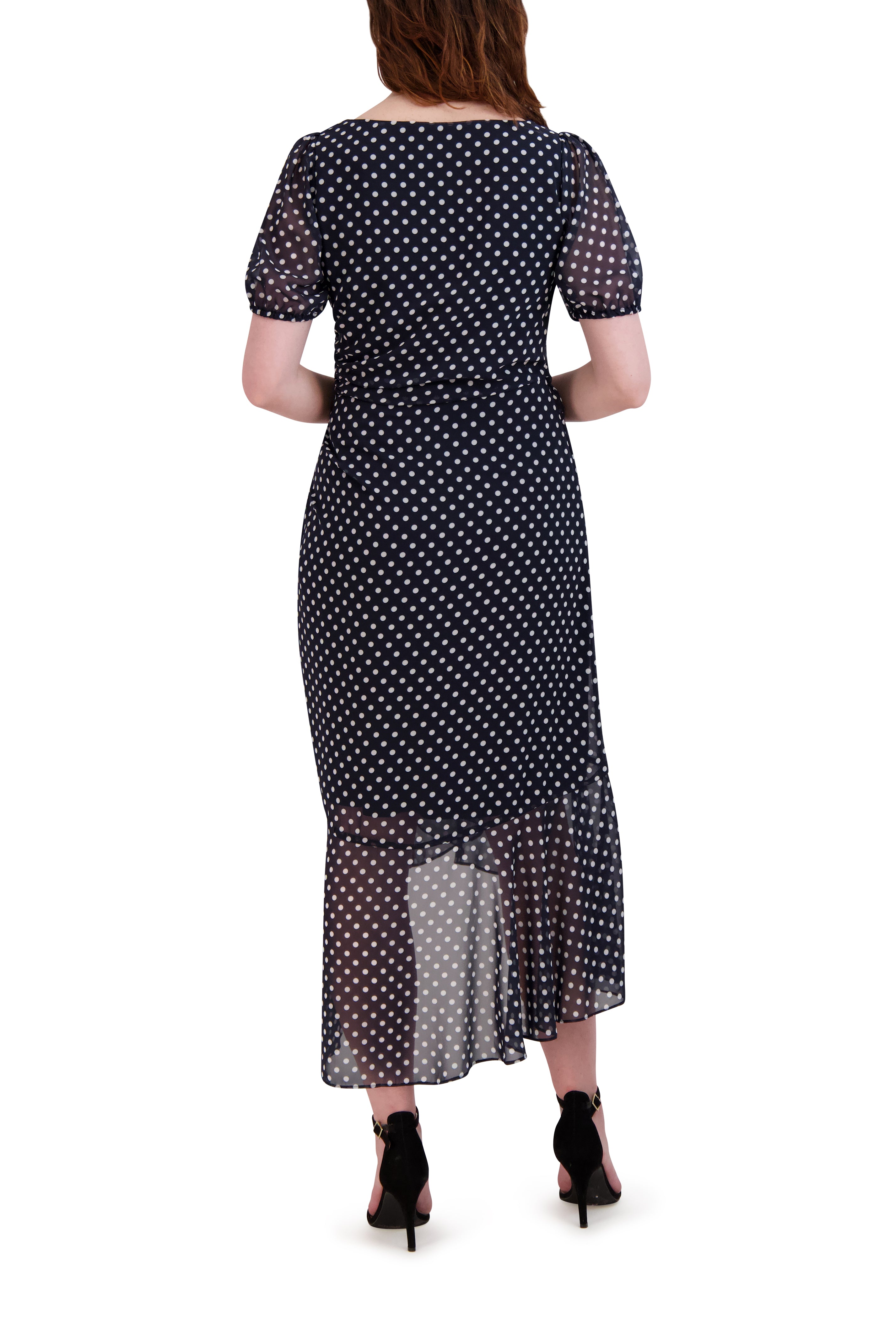 polka dot chiffon midi dress Mono Warehouse Polka Dot Chiffon Ruched Plunge Button front Midi Dress