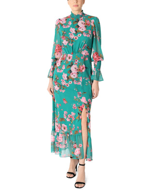 LONG SLEEVE SMOCKED NECK SLIT DRESS