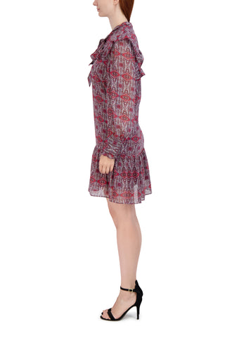 Tie Neck Short Dress With Long Sleeves