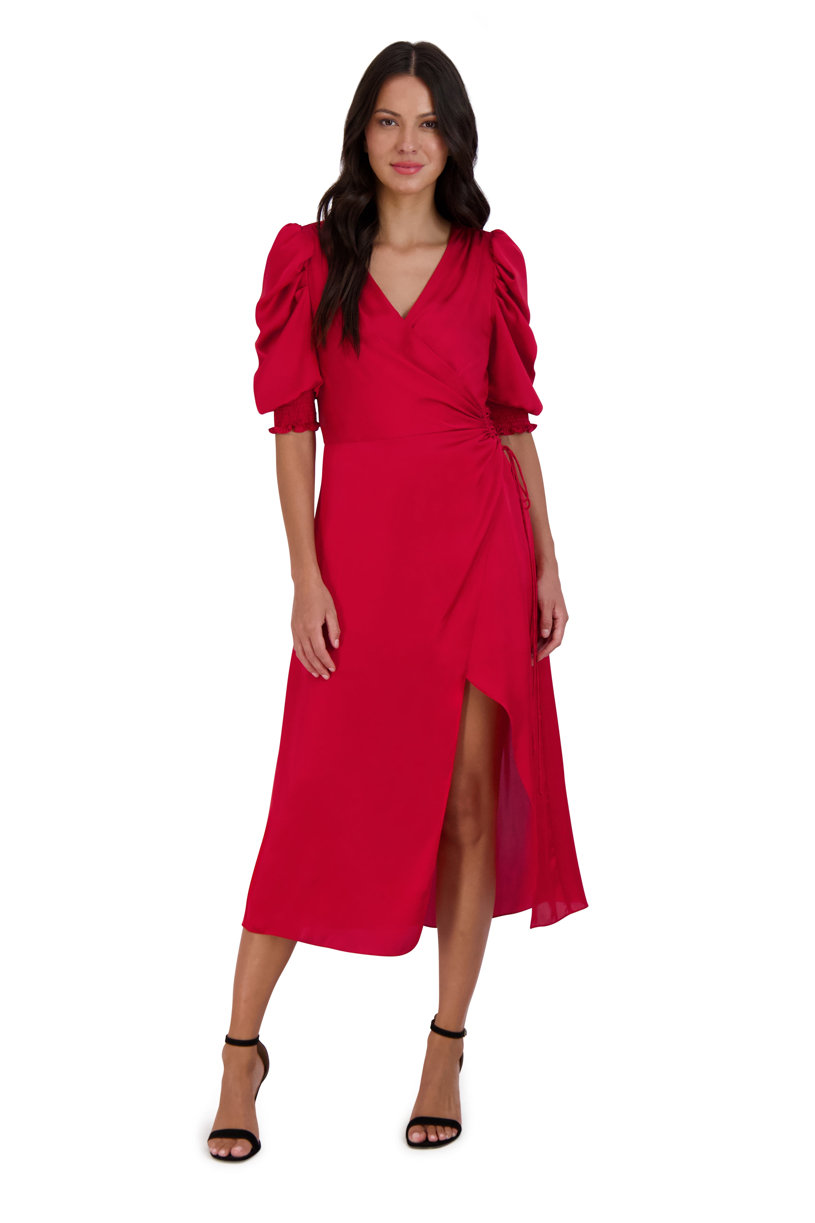 julia jordan red dress Julia Jordan Women's High-Neck Flounce-Sleeve Midi Dress - Red