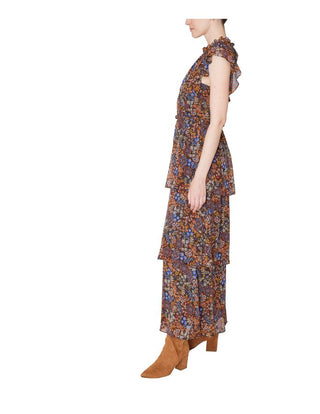 Multi-colored Flutter Sleeve Tiered Maxi Dress
