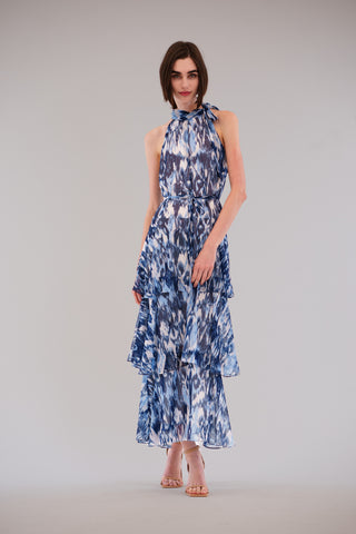 LONG TRIPLE TIER DRESS WITH TIE NECK
