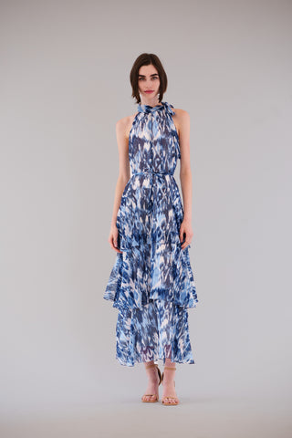 LONG TRIPLE TIER DRESS WITH TIE NECK