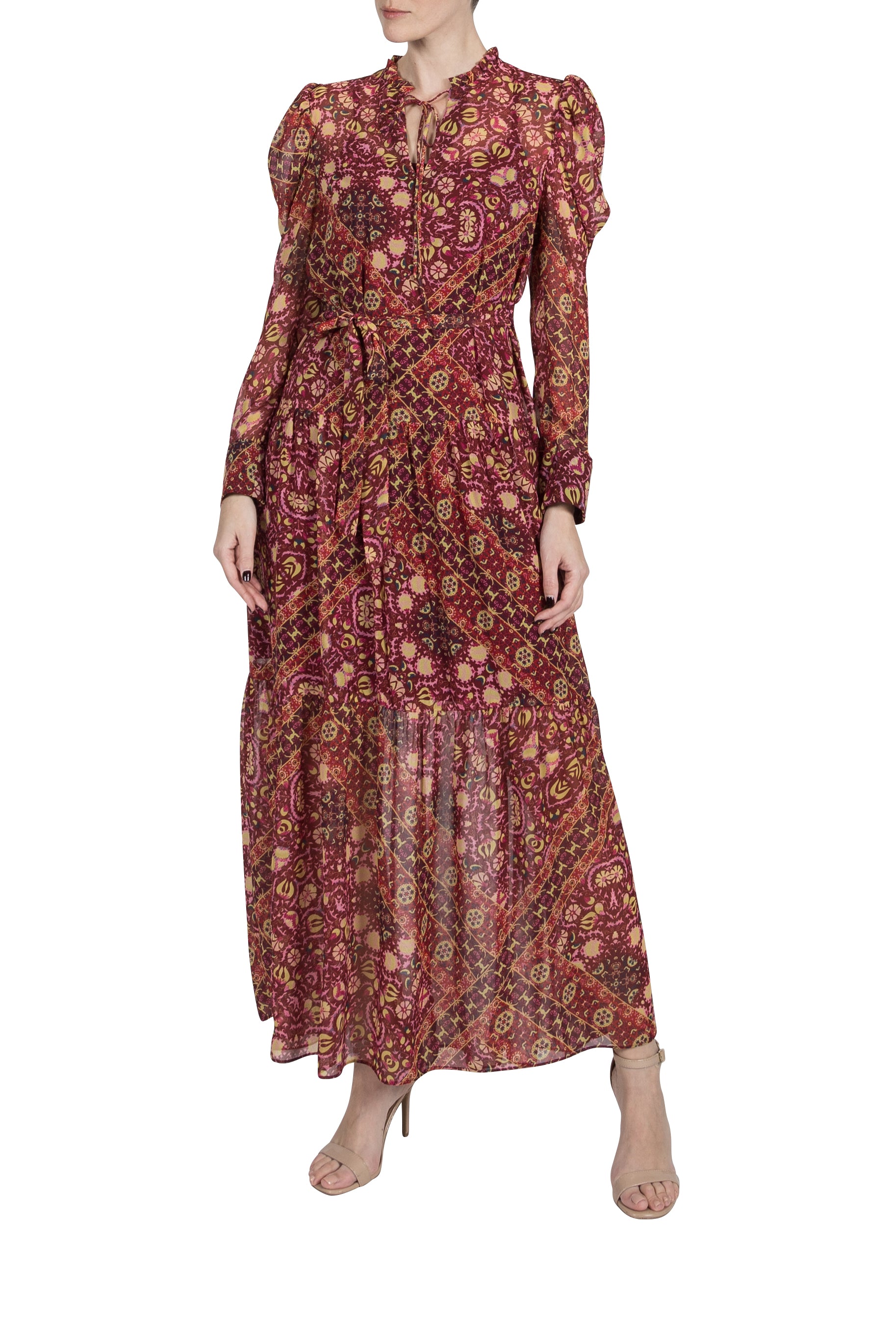 PRINTED LONG SLEEVE TIE NECK MAXI DRESS JULIA JORDAN PRINTED LONG SLEEVE TIE NECK MAXI DRESS JULIA JORDAN