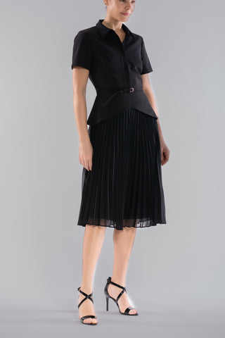 COLLARED MIX MEDIA PLEATED DRESS