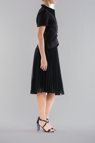 COLLARED MIX MEDIA PLEATED DRESS