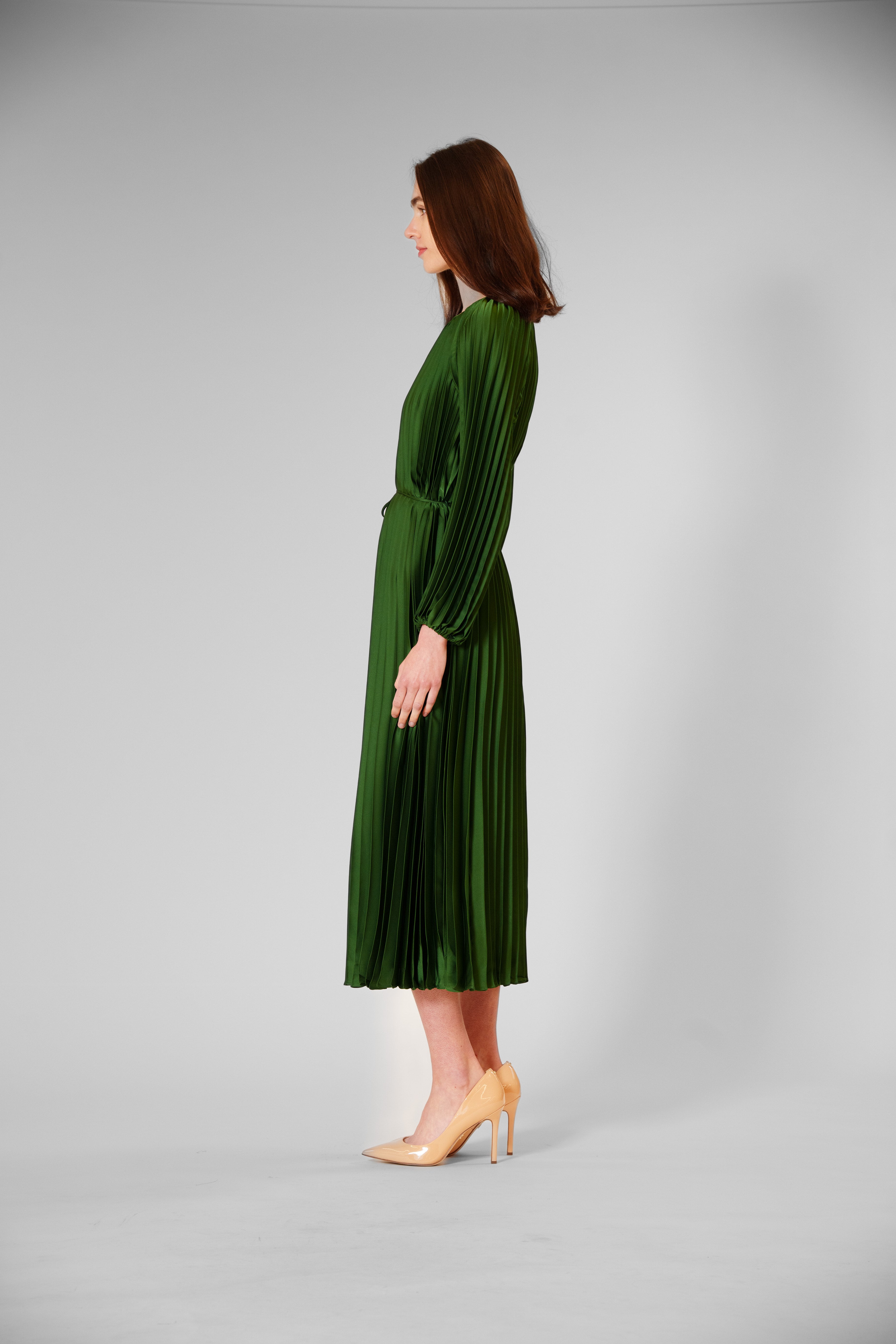 green pleated long sleeve dress Pleated Satin Long-Sleeve Dress in Dresses & Skirts
