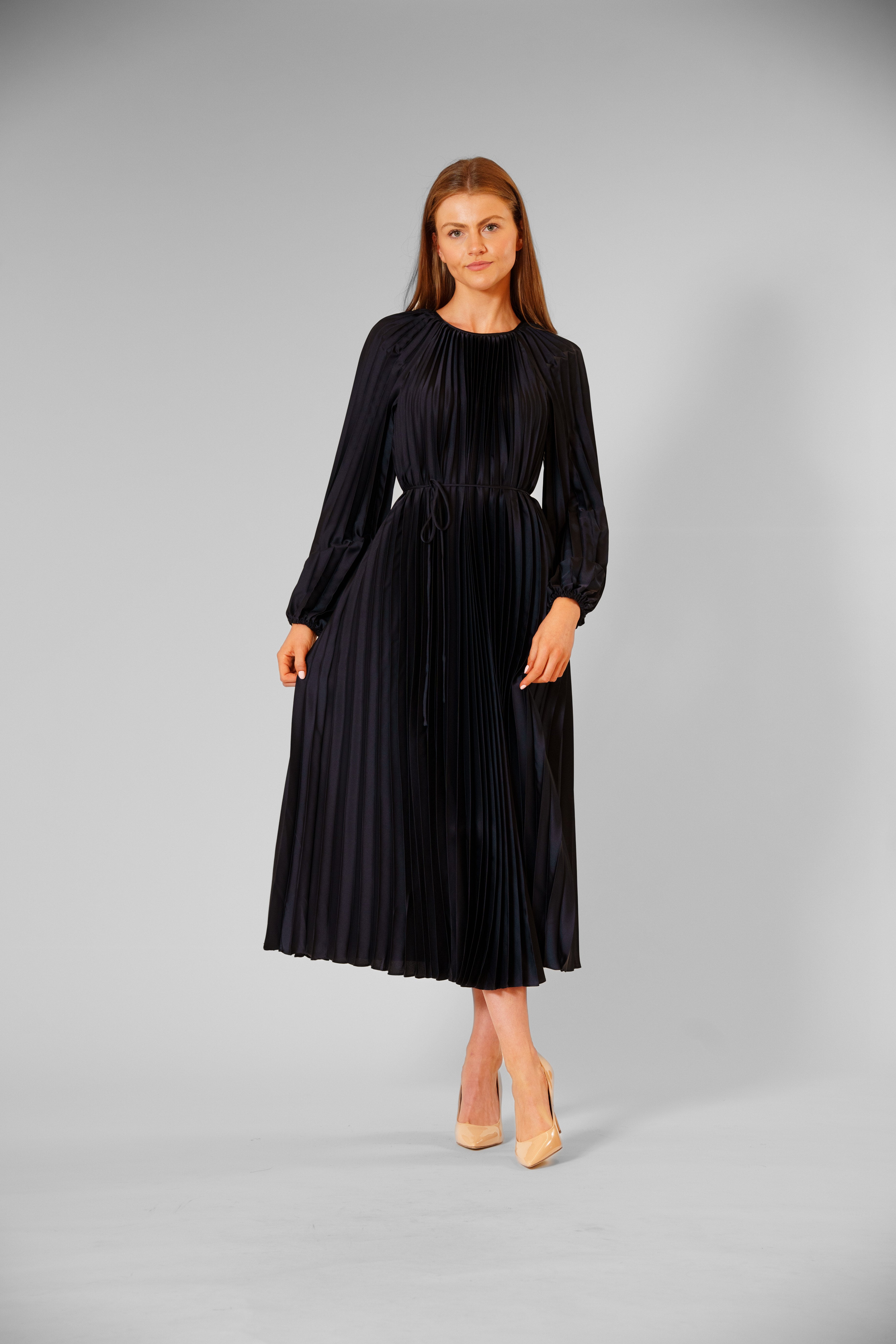 PLEATED LONG SLEEVE WAIST TIE MAXI DRESS JULIA JORDAN PLEATED LONG SLEEVE WAIST TIE MAXI DRESS JULIA JORDAN