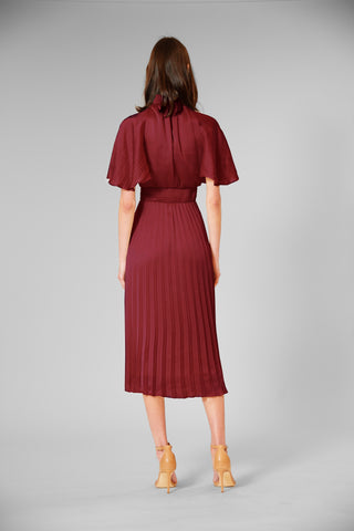 PLEATED MOCK NECK FLUTTER SLEEVE MIDI DRESS
