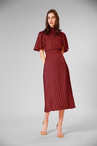 PLEATED MOCK NECK FLUTTER SLEEVE MIDI DRESS