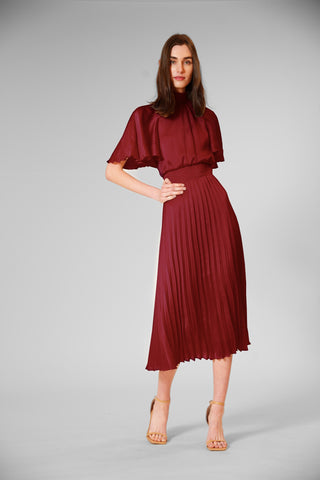 PLEATED MOCK NECK FLUTTER SLEEVE MIDI DRESS