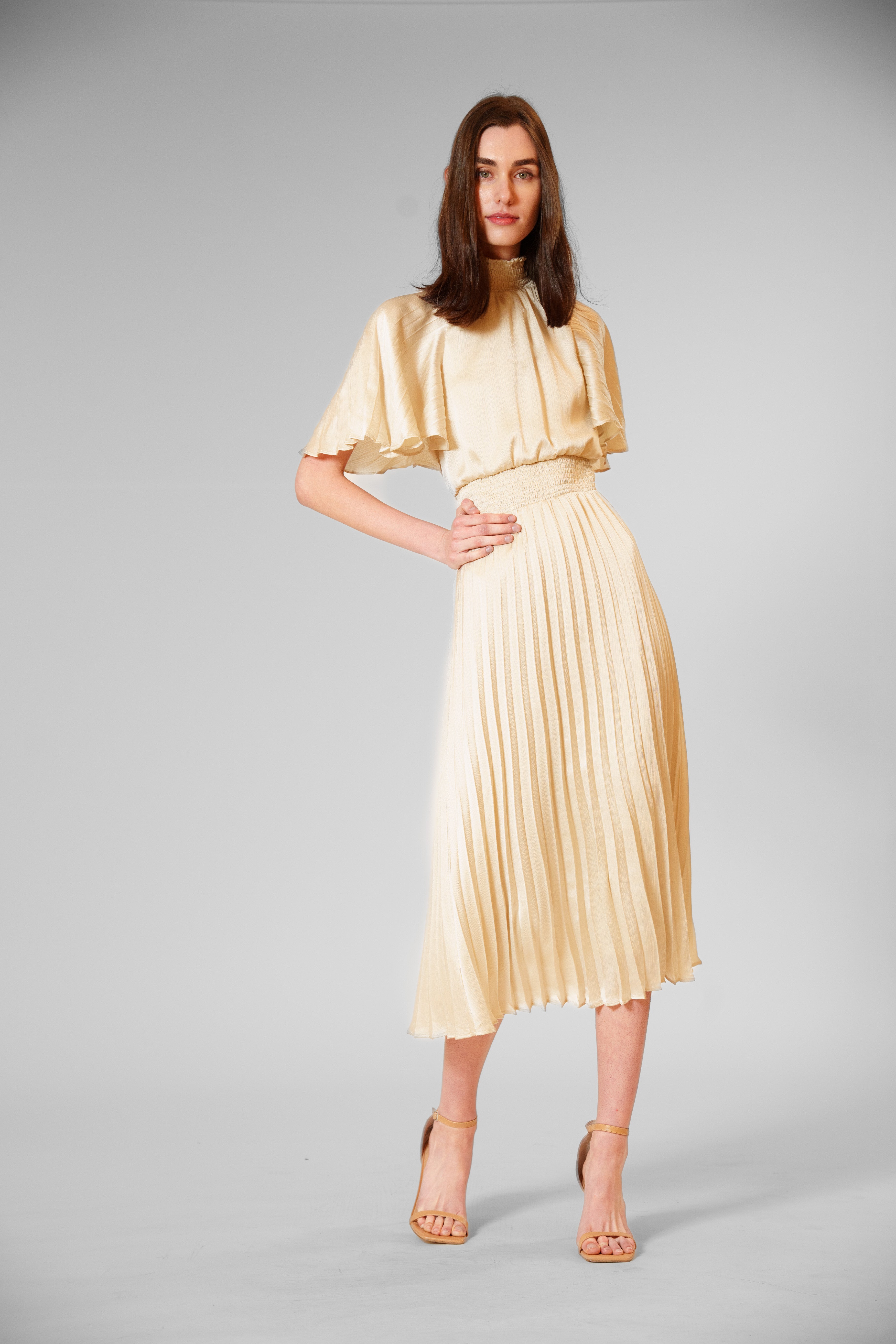 PLEATED MOCK NECK FLUTTER SLEEVE MIDI DRESS JULIA JORDAN PLEATED MOCK NECK FLUTTER SLEEVE MIDI DRESS JULIA JORDAN