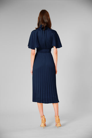 PLEATED MOCK NECK FLUTTER SLEEVE MIDI DRESS