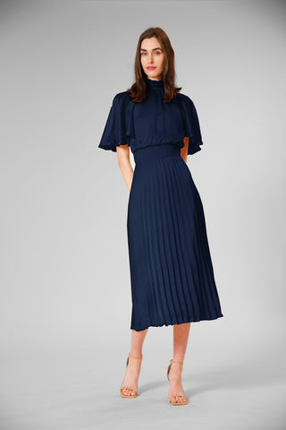PLEATED MOCK NECK FLUTTER SLEEVE MIDI DRESS