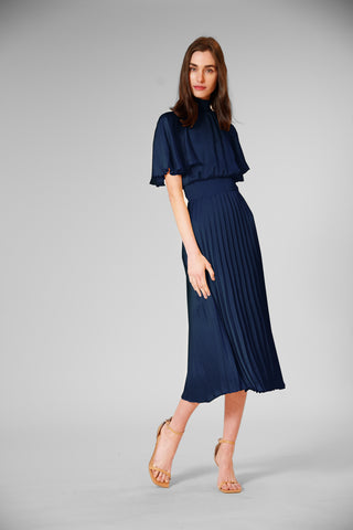 PLEATED MOCK NECK FLUTTER SLEEVE MIDI DRESS