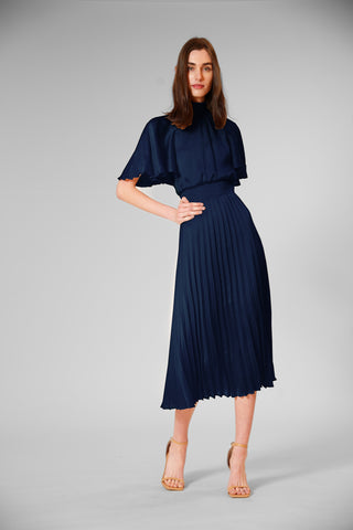 PLEATED MOCK NECK FLUTTER SLEEVE MIDI DRESS