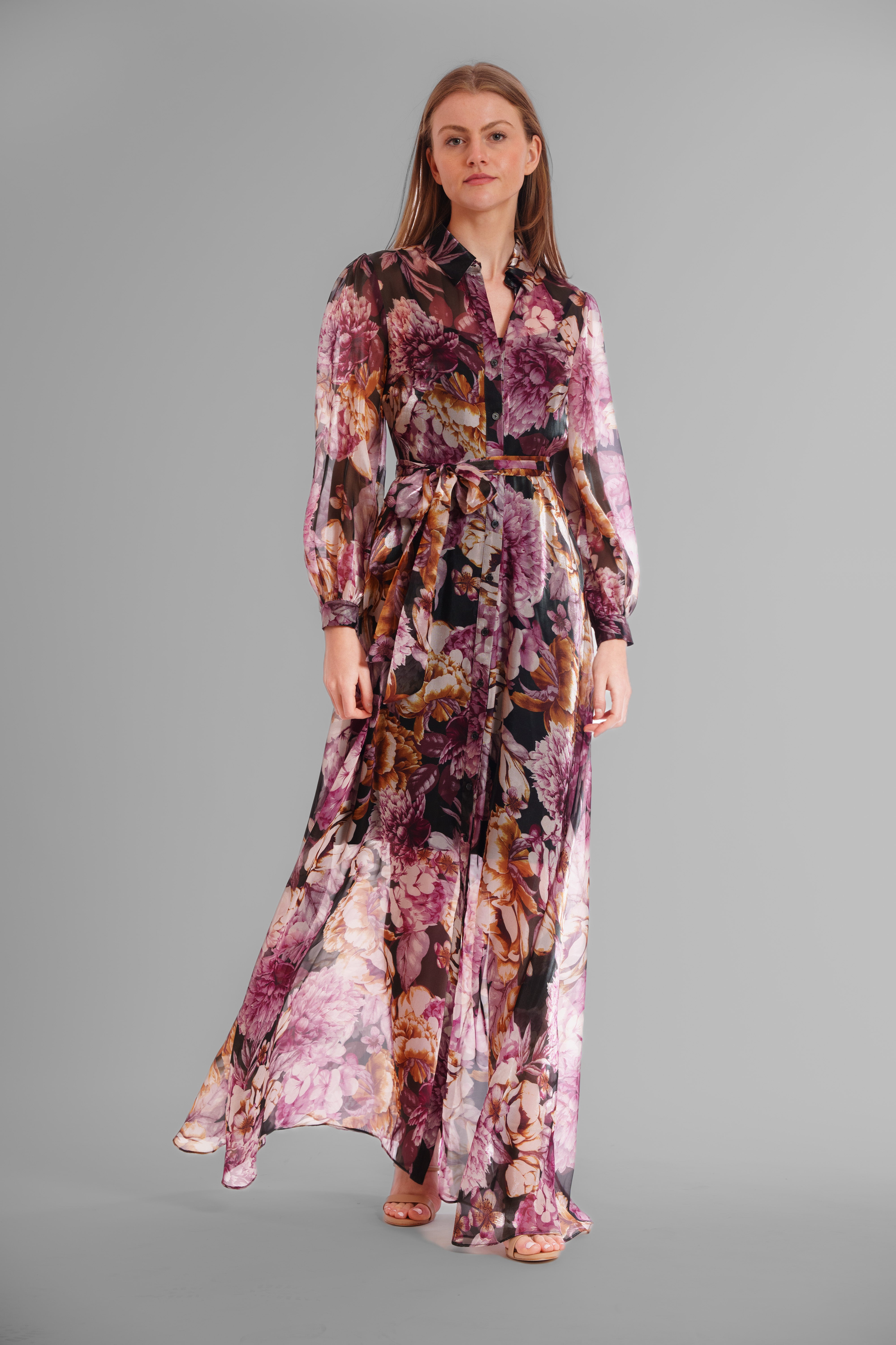LONG SLEEVE PRINTED ORGANZA SHIRT DRESS JULIA JORDAN LONG SLEEVE PRINTED ORGANZA SHIRT DRESS JULIA JORDAN