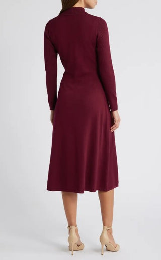 MOCK NECK TIE WAIST FIT AND FLARE SWEATER DRESS