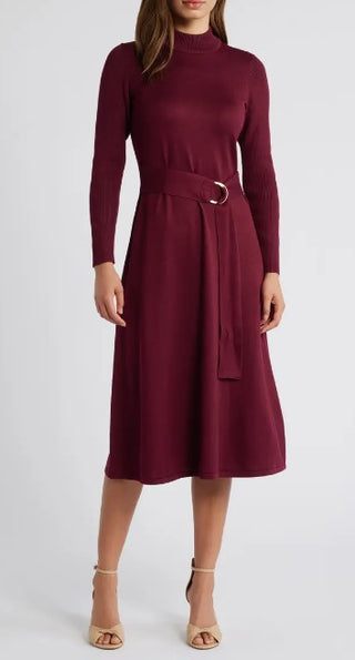 MOCK NECK TIE WAIST FIT AND FLARE SWEATER DRESS