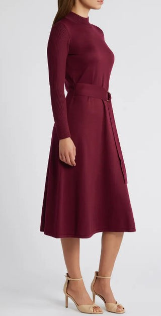 MOCK NECK TIE WAIST FIT AND FLARE SWEATER DRESS