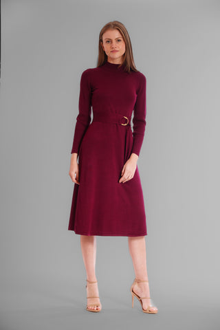 MOCK NECK TIE WAIST FIT AND FLARE SWEATER DRESS