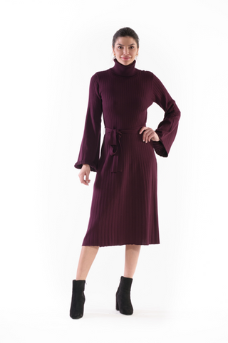 LONG SLEEVE TURTLE NECK TIE WAIST SWEATER DRESS