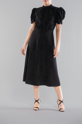 SHORT PUFF SLEEVE MOCK NECK MIDI DRESS