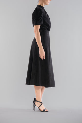 SHORT PUFF SLEEVE MOCK NECK MIDI DRESS