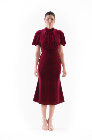 SHORT SLEEVE MOCK NECK VELVET MIDI DRESS