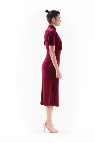 SHORT SLEEVE MOCK NECK VELVET MIDI DRESS