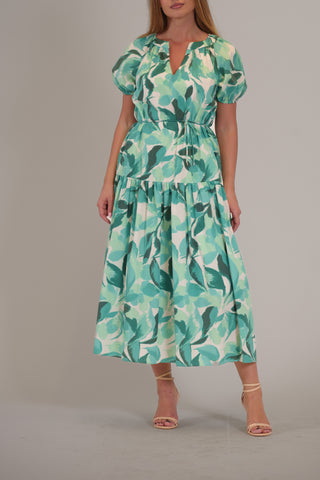 SHORT PUFF SLEEVE V NECK TIERED MAXI DRESS