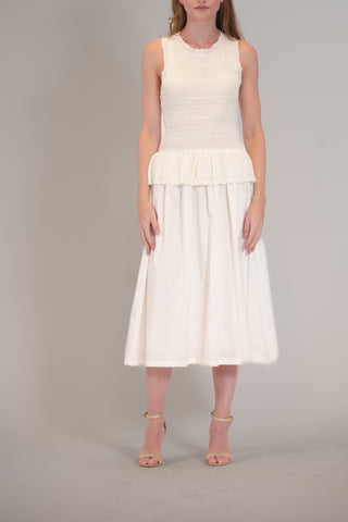 SLEEVLESS SCOOP NECK KNIT & WOVEN COMBO DRESS