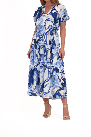 SHORT PUFF SLEEVE V NECK TIERED MAXI DRESS