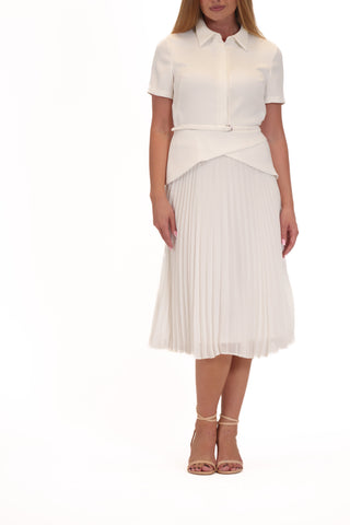 SHORT SLEEVE COLLARED MIX MEDIA PLEATED DRESS