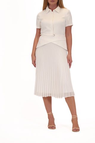 SHORT SLEEVE COLLARED MIX MEDIA PLEATED DRESS