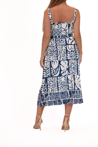 SLEEVELESS PRINTED LINEN DRESS WITH TIE