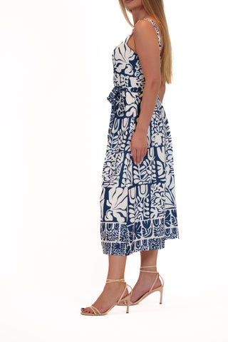 SLEEVELESS PRINTED LINEN DRESS WITH TIE