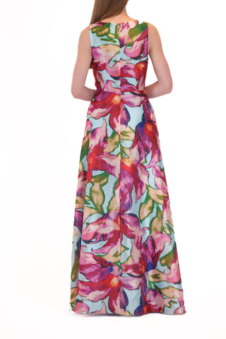 SLEEVELESS V NECK PRINTED MAXI DRESS W/ SLIT