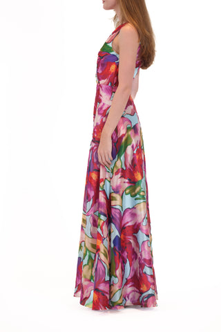 SLEEVELESS V NECK PRINTED MAXI DRESS W/ SLIT