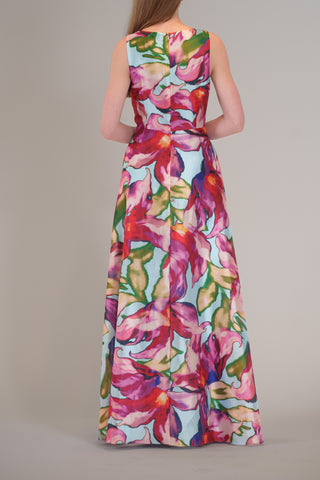 SLEEVELESS V NECK PRINTED MAXI DRESS W/ SLIT