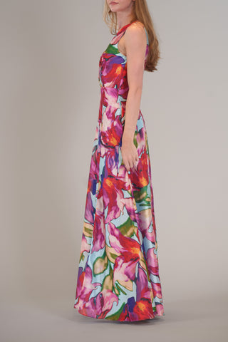 SLEEVELESS V NECK PRINTED MAXI DRESS W/ SLIT
