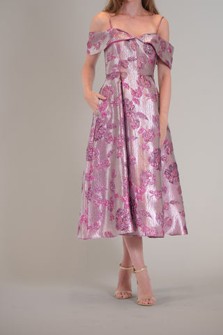 OFF-SHOULDER JACQUARD MIDI SOCIAL DRESS